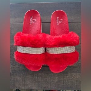 I.D. Required Faux Fur & Rhinestones RED Platform Slides Sz 8